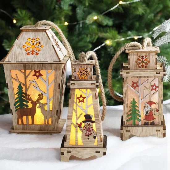 Décorations de Noël Mini lanternes à bougies en bois Ornements de mariage Éclairage LED Cabine en bois Artisanat Cadeaux de vacances